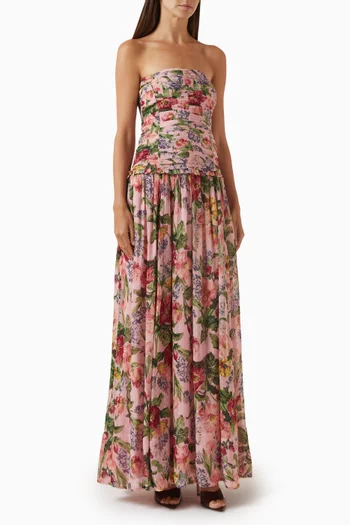 Dotted Floral-print Maxi Dress in Georgette
