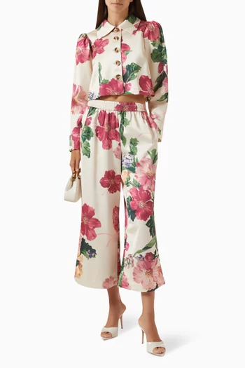 Floral-print Tailored Cropped Jacket in Satin
