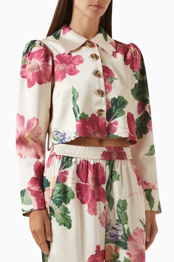 Floral-print Tailored Cropped Jacket in Satin