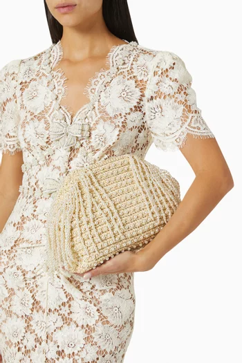 Pearl-embellished Clutch Bag in Raffia