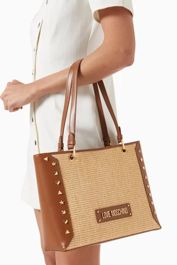 Studded Tote Bag in Raffia & Faux Leather