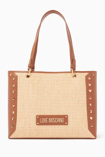 Studded Tote Bag in Raffia & Faux Leather