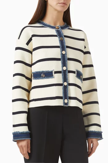 Striped Denim-trim Cardigan in Viscose Blend