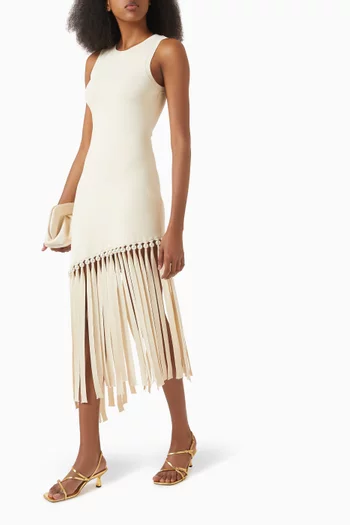 Pearl-Fringe Midi Dress in Viscose Blend