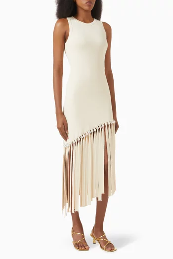 Pearl-Fringe Midi Dress in Viscose Blend