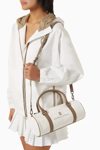 Logo-embroidered Barrel Bag in Canvas & Leather