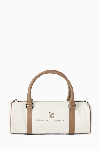 Logo-embroidered Barrel Bag in Canvas & Leather