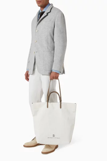 Large Logo-embroidered Shopper Bag in Canvas & Leather