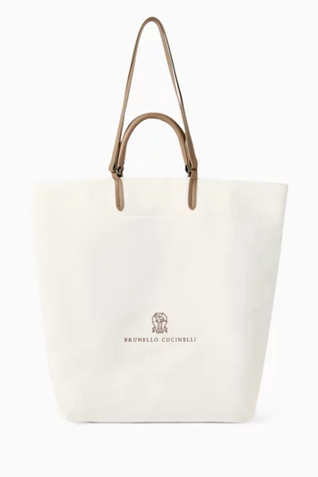 Large Logo-embroidered Shopper Bag in Canvas & Leather