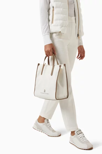 Logo-embroidered Tote Bag in Canvas & Leather