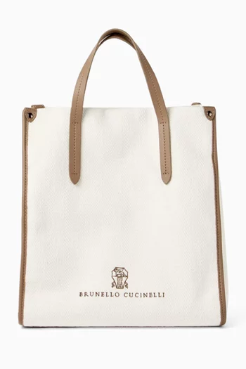Logo-embroidered Tote Bag in Canvas & Leather