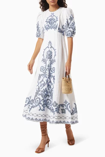 Hazel Embroidered Midi Dress in Linen
