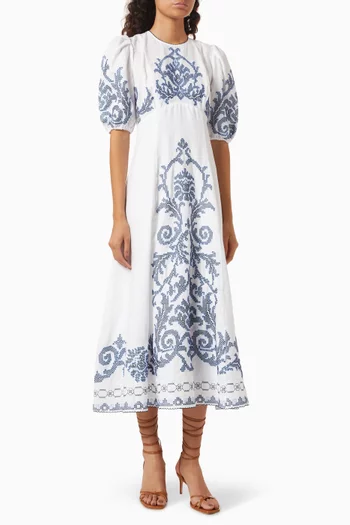 Hazel Embroidered Midi Dress in Linen