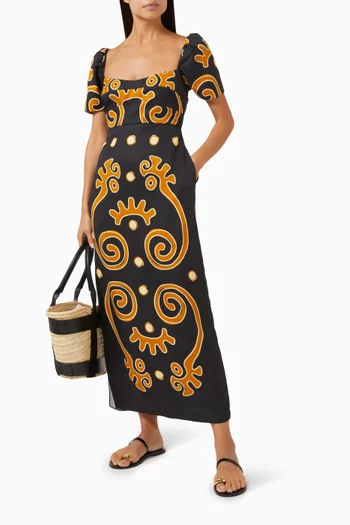 Tia Printed Maxi Dress in Linen Blend