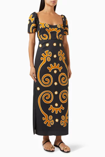 Tia Printed Maxi Dress in Linen Blend