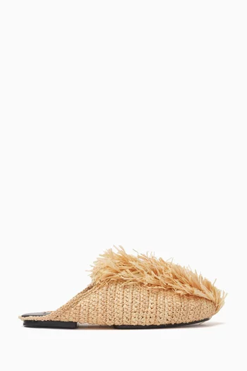 Fringed Flat Slippers in Raffia