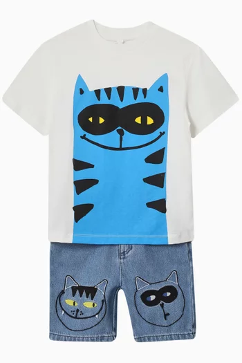 Cat-embroidered Shorts in Cotton-denim