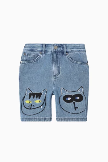 Cat-embroidered Shorts in Cotton-denim