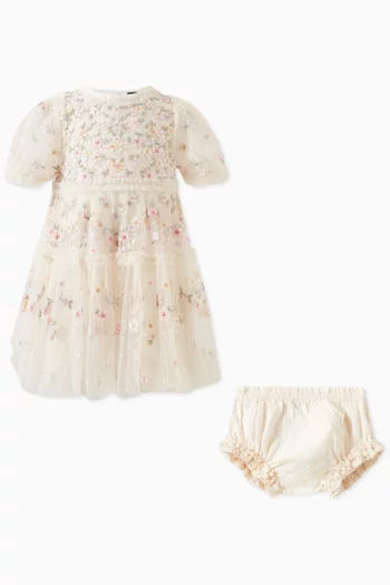 Exclusive Garland Ribbon Embroidered Dress & Bloomers Set