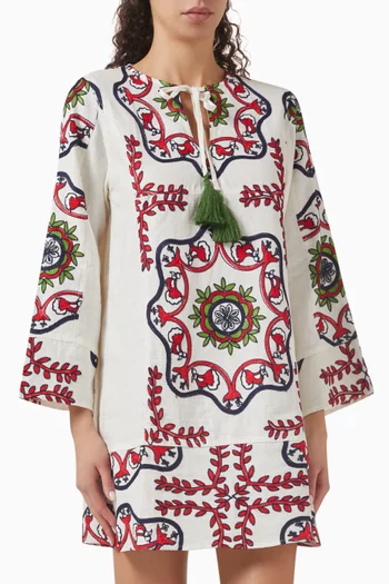 Embroidered Mini Dress in Linen-blend