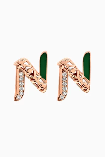 Retro Diamond & Enamel Letter 'N' Earrings in 18kt Rose Gold