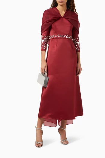 فستان متوسط الطول بتطريزات عاكسة للضوء أورجانزا وستان