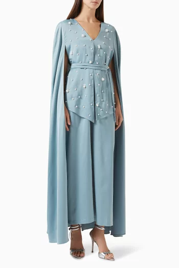 Embroidered Cape Jumpsuit in Crepe