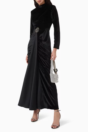 Crystal-embellished Brooch Gown in Satin & Velvet