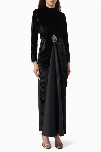 Crystal-embellished Brooch Gown in Satin & Velvet