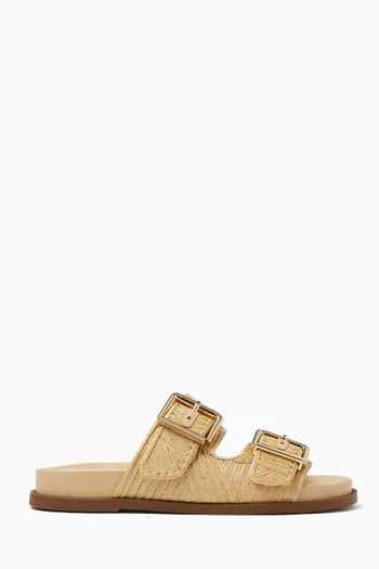 Buckle Flat Slides in Raffia