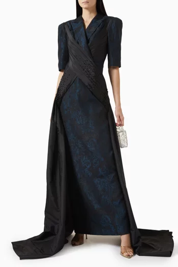 Side-train Gown in Rose Brocade & Taffeta