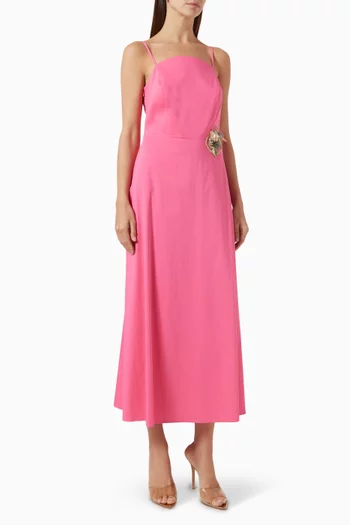 فستان متوسط الطول مزين بتطريزات زهور مزيج قطن