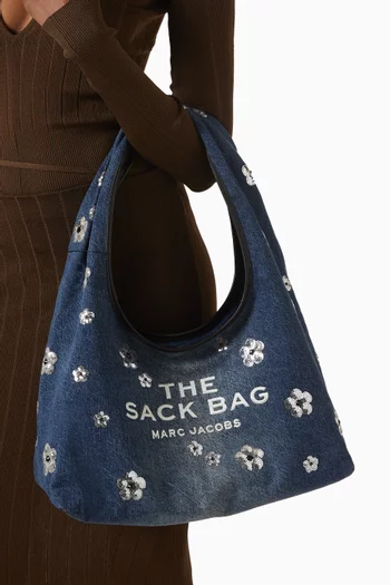 The Sequin Daisy Sack Bag in Denim