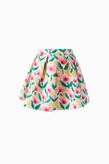 Floral-print Skirt in Matte Satin