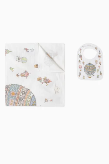 Hot Air Balloon-print Carré Blanket & Bib Set in Organic Cotton