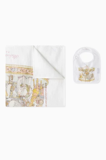 Carousel-print Carré Blanket & Bib Set in Organic Cotton