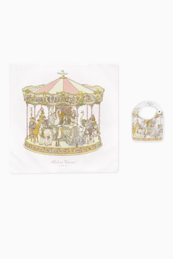 Carousel-print Carré Blanket & Bib Set in Organic Cotton