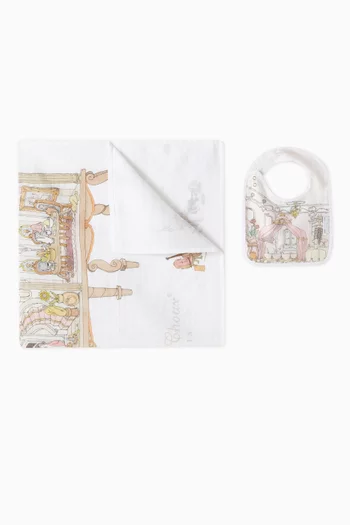 Dollhouse-print Carré Blanket & Bib in Organic Cotton