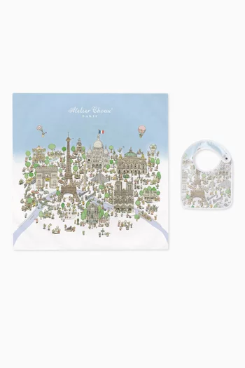 Paris-print Carré Blanket & Bib in Organic Cotton