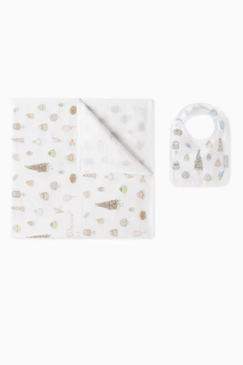 Sweetpiece-print Carré Blanket & Bib Set in Organic Cotton