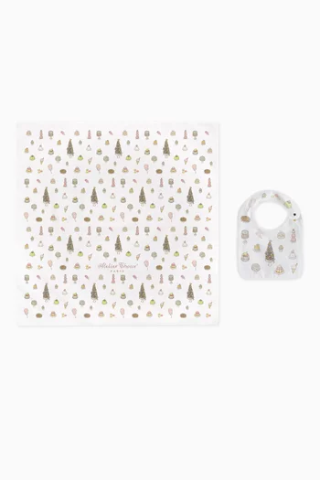 Sweetpiece-print Carré Blanket & Bib Set in Organic Cotton