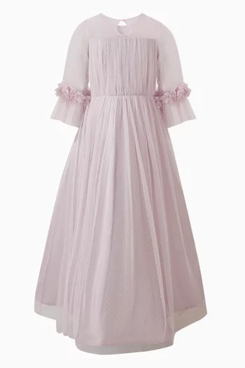 Floral Appliqué Belted Maxi Dress in Tulle