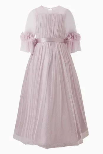 Floral Appliqué Belted Maxi Dress in Tulle