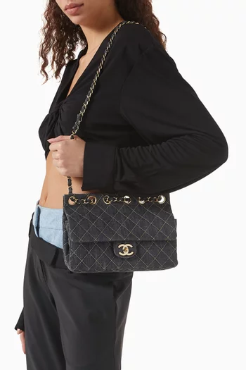 2000s Single Flap Shoulder Bag in Quilted Denim