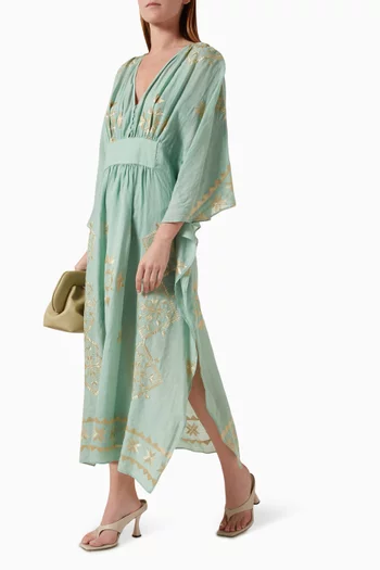 Embroidered Cinched Kaftan in Ramie