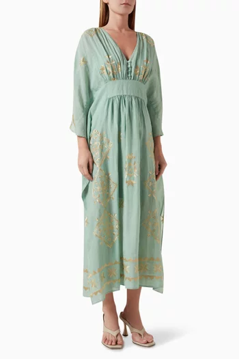 Embroidered Cinched Kaftan in Ramie