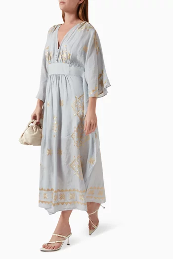 Embroidered Cinched Kaftan in Ramie