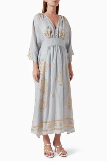 Embroidered Cinched Kaftan in Ramie