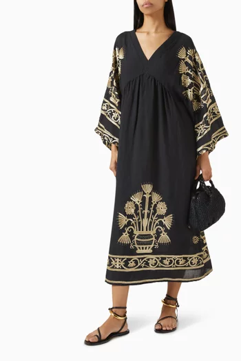 Embroidered Midi Dress in Linen
