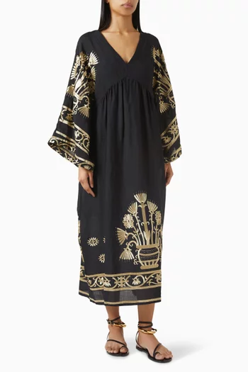 Embroidered Midi Dress in Linen